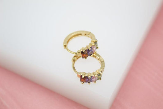 18K Gold Filled Huggies Earrings With Rectangle Multi Color CZ Cubic Zirconia Stones (Style F) (L73)