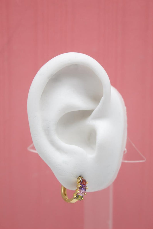 18K Gold Filled Huggies Earrings With Rectangle Multi Color CZ Cubic Zirconia Stones (Style F) (L73)